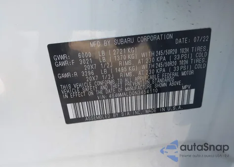 2022 Subaru Ascent Limited z USA, uszkodzony, nr VIN 4S4WMALD0N3454110